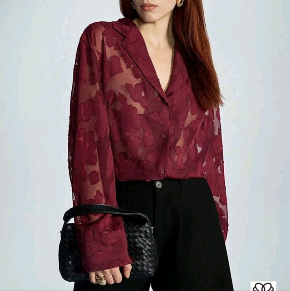 Premium Commuting French Casual Ankle Red Random Cut-Out Sheer Long Sleeve Shirt - Picture 1 of 4